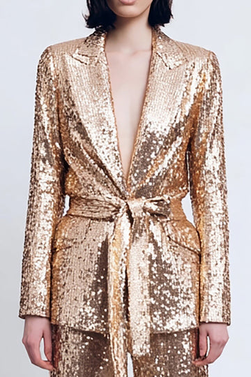 Sparkly Gold Peak Lapel 2 Piece Sequins Women Prom Suits With Sash